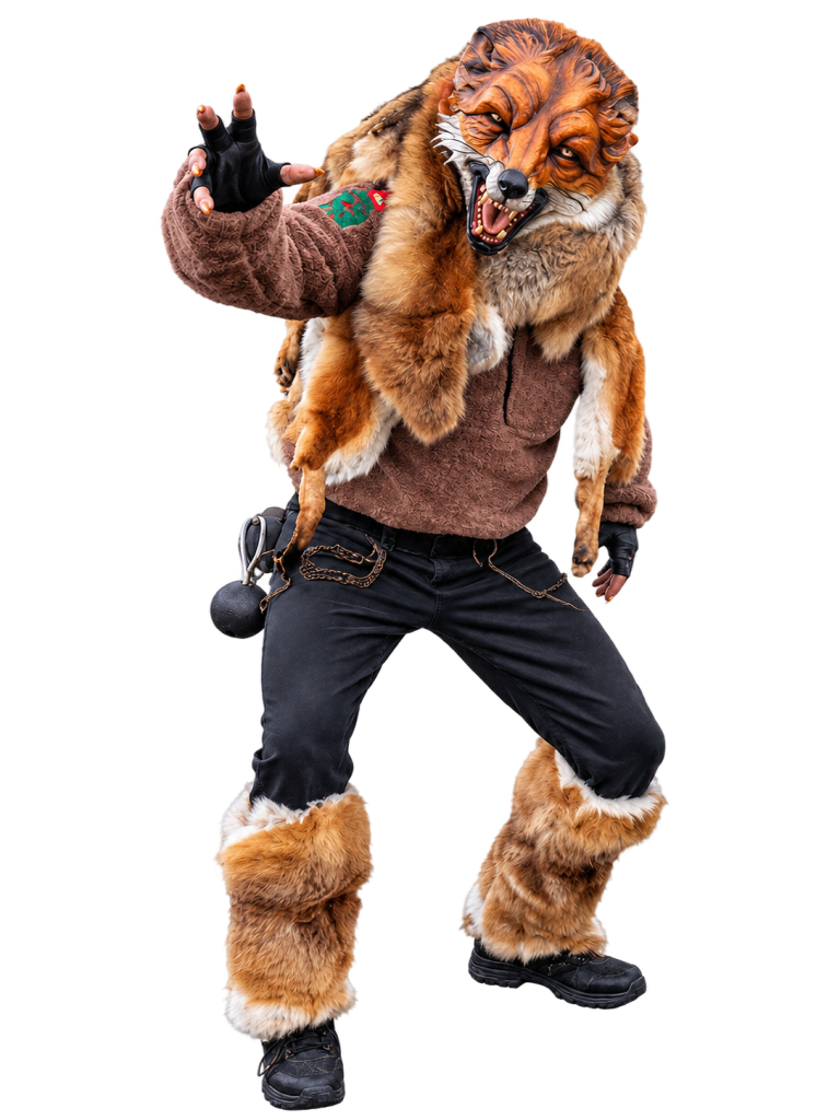 Huzler Fuchs – Dachtler Huzler Hexa Huzler Fuchs im braunen Häs mit Fuchsmaske und Fell.