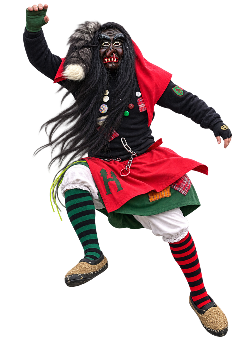 Huzler Hexa mit Fuchsfell Huzler Hexa im traditionellen Häs mit hellem Haar und Fuchsfell.
