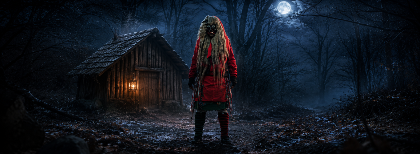 Die Hexe im Huzler Huzler Hexe vor einem kleinen Holzhaus im nächtlichen Huzler.